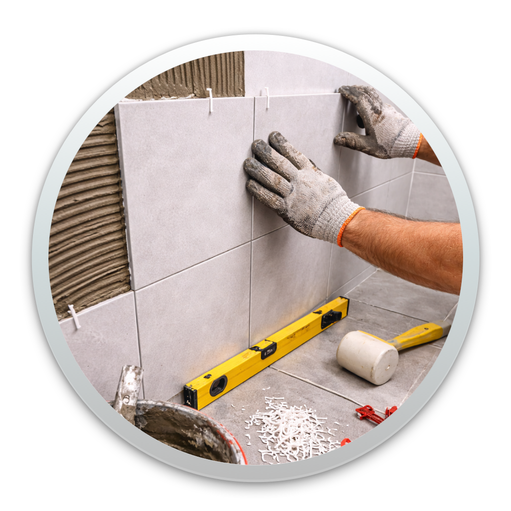 Pose de carrelage au sol et mur, alignement régulier et joints propres