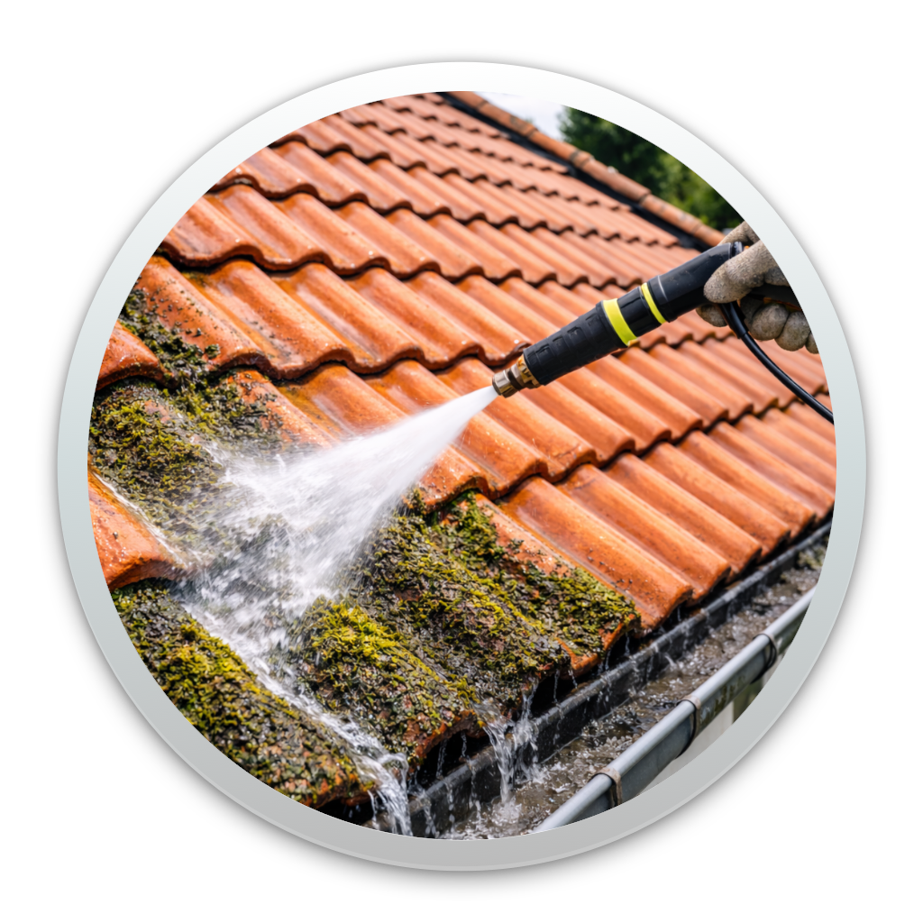 Démoussage des toitures avec jet d'eau à haute pression